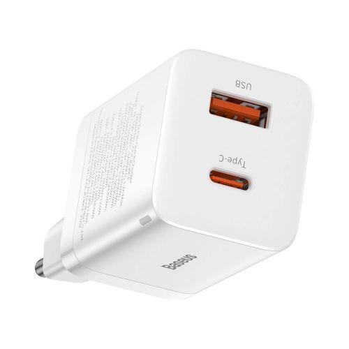 Baseus Super Si Pro mini hálózati gyorstöltő, USB-C + USB, PD 3.0, QC 3.0, 30 W, EU (fehér) (CCSUPP-E02)
