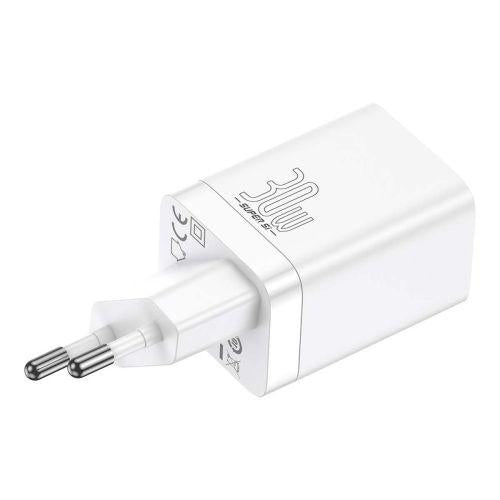 Baseus Super Si Pro mini hálózati gyorstöltő, USB-C + USB, PD 3.0, QC 3.0, 30 W, EU (fehér) (CCSUPP-E02)