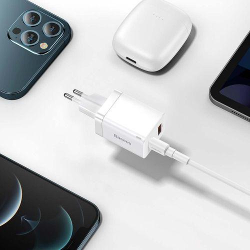 Baseus Super Si Pro mini hálózati gyorstöltő, USB-C + USB, PD 3.0, QC 3.0, 30 W, EU (fehér) (CCSUPP-E02)