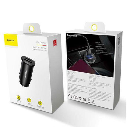 Baseus Square autós töltő, fém, 2x USB-A, 30W, QC3.0 (SCP, AFC) (CCALL-DS01) (fekete)