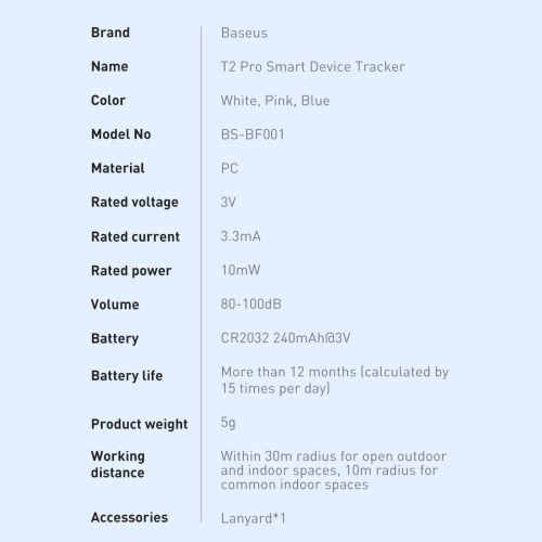 Baseus Home Intelligent T2 Pro kulcstartó, vezeték nélküli kulcs- és tárgykereső, Bluetooth 5.0 (FMTP000002) (fehér)