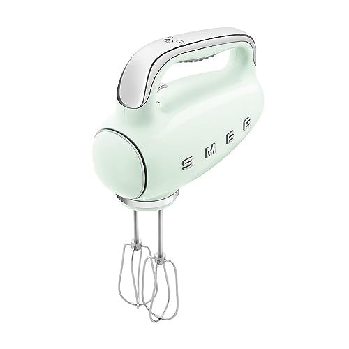 Smeg HMF01PGEU elektromos mixer, 9 sebesség, turbó, sima indítás, 4 habverő, 2 dagasztókar, bevonatos, 250 W (pasztell zöld)