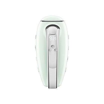 Smeg HMF01PGEU elektromos mixer, 9 sebesség, turbó, sima indítás, 4 habverő, 2 dagasztókar, bevonatos, 250 W (pasztell zöld)
