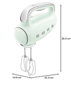 Smeg HMF01PGEU elektromos mixer, 9 sebesség, turbó, sima indítás, 4 habverő, 2 dagasztókar, bevonatos, 250 W (pasztell zöld)