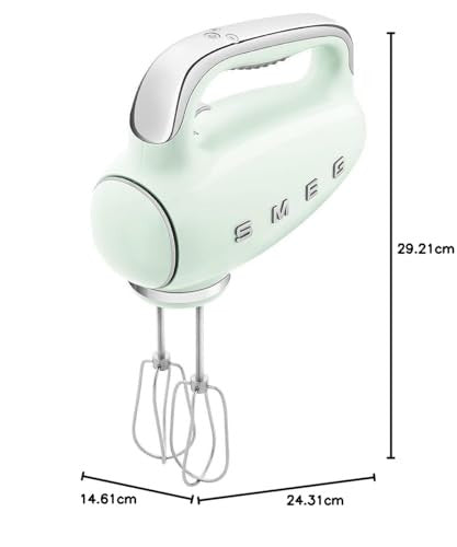 Smeg HMF01PGEU elektromos mixer, 9 sebesség, turbó, sima indítás, 4 habverő, 2 dagasztókar, bevonatos, 250 W (pasztell zöld)