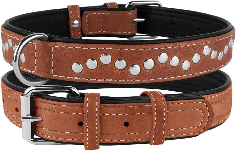 Collardirect kézzel készített bőr kutyanyakörv szegecses, puha párnázott, barna
