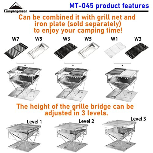 CAMPINGMOON MT-045 hordozható tűzrakó és grill rozsdamentes acél