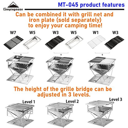 CAMPINGMOON MT-045 hordozható tűzrakó és grill rozsdamentes acél