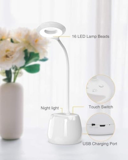 LED asztali lámpa éjszakai fénnyel, USB újratölthető olvasólámpa, 4 szemkímélő mód