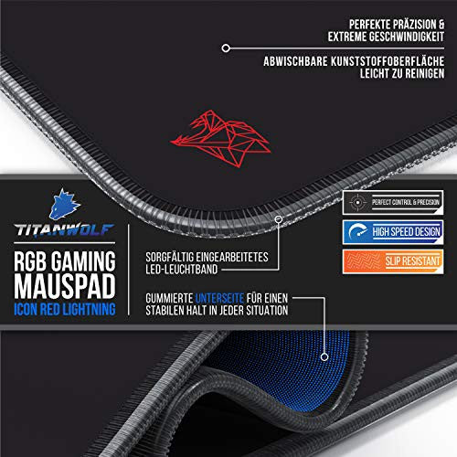 Titanwolf RGB gamer egérpad LED, 800x300 mm, XXL, 11 világítási mód, mosható, fekete