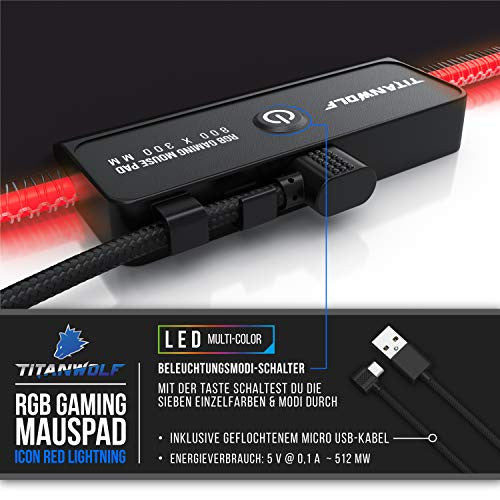 Titanwolf RGB gamer egérpad LED, 800x300 mm, XXL, 11 világítási mód, mosható, fekete
