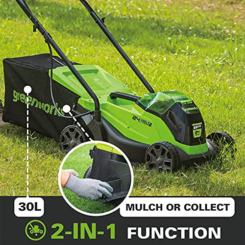 Greenworks 24V 33 cm kefementes fűnyíró 25-70 mm vágási magasság, 2 funkció, 30L