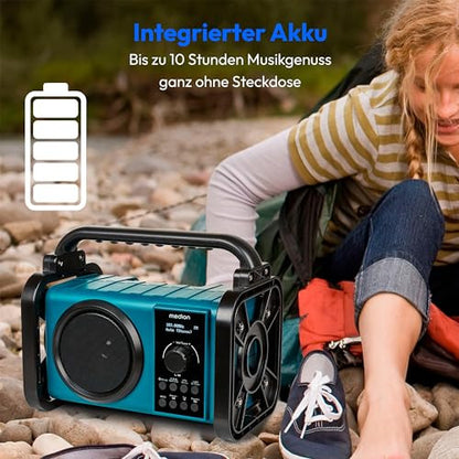 MEDION E66877 építkezési rádió robosztus ház, fröccsenésálló IP44, Bluetooth 5.0, PLL