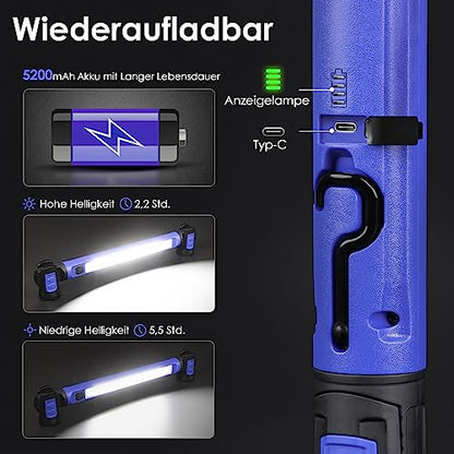 Work Light 2500LM LED munkalámpa 5200mAh, újratölthető, mágneses, akasztós, vezeték