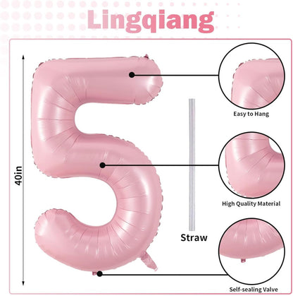 Születésnapi szám lufi 2 év, 40 hüvelyk nagy pasztell rózsaszín 5-ös szám