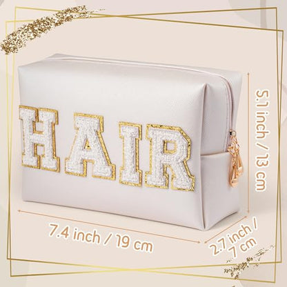 Y1tvei Hair fehér utazó kozmetikai táska, preppy patch varsity betűk pipere táska