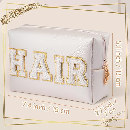 Y1tvei Hair fehér utazó kozmetikai táska, preppy patch varsity betűk pipere táska