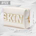 Y1tvei Skin fehér utazó kozmetikai táska, preppy patch varsity betűs pipere táska
