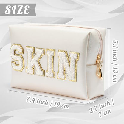 Y1tvei Skin fehér utazó kozmetikai táska, preppy patch varsity betűs pipere táska