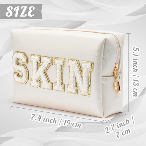Y1tvei Skin fehér utazó kozmetikai táska, preppy patch varsity betűs pipere táska