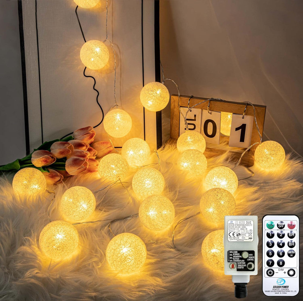 Liyade fényfüzér belső, pamutgolyó fényfüzér, 6M 20 LED gömb fényfüzér dugóval, 8 mód
