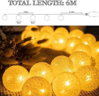 Liyade fényfüzér belső, pamutgolyó fényfüzér, 6M 20 LED gömb fényfüzér dugóval, 8 mód