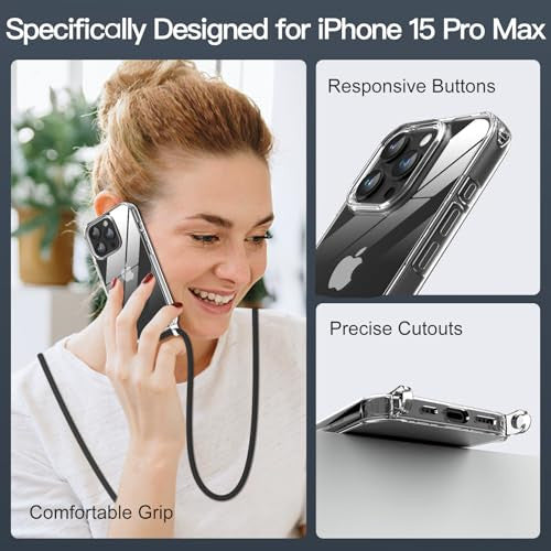 Nupcknn átlátszó tok zsinórral iPhone 15 Pro Max-hoz ütésálló, karcálló szilikon tok