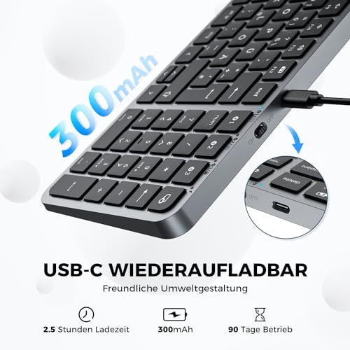iClever Bluetooth billentyűzet vezeték nélküli, több eszköz, német QWERTZ