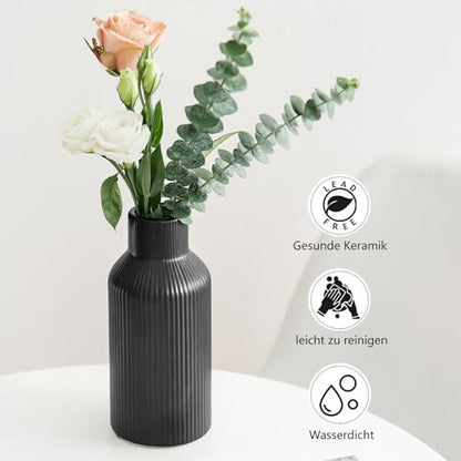 Hanaomaoyi 20 cm kerámia váza fekete matt, kerek, modern dizájn, boho stílus