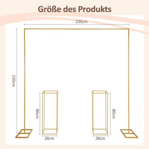 ybaymy esküvői boltív 2,2 m x 2,2 m, fém, arany, négyzet, 2 virágállvánnyal