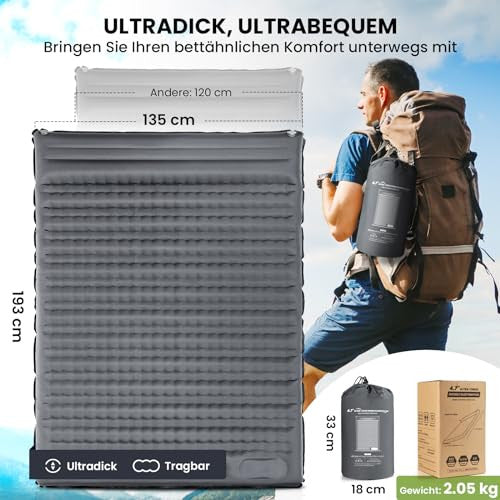 HIKENTURE önfelfújó matrac, 12 cm dupla matrac ultrakönnyű, 2 személyes, lábpumpával