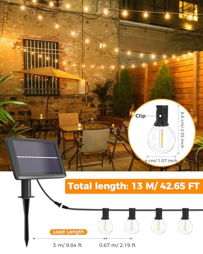Litogo 9m G40 15 LED napelemes fényfüzér kültéri, vízálló, 4 mód, meleg fehér