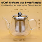 Honneeo üveg teáskanna 450 ml levehető rozsdamentes acél szűrővel