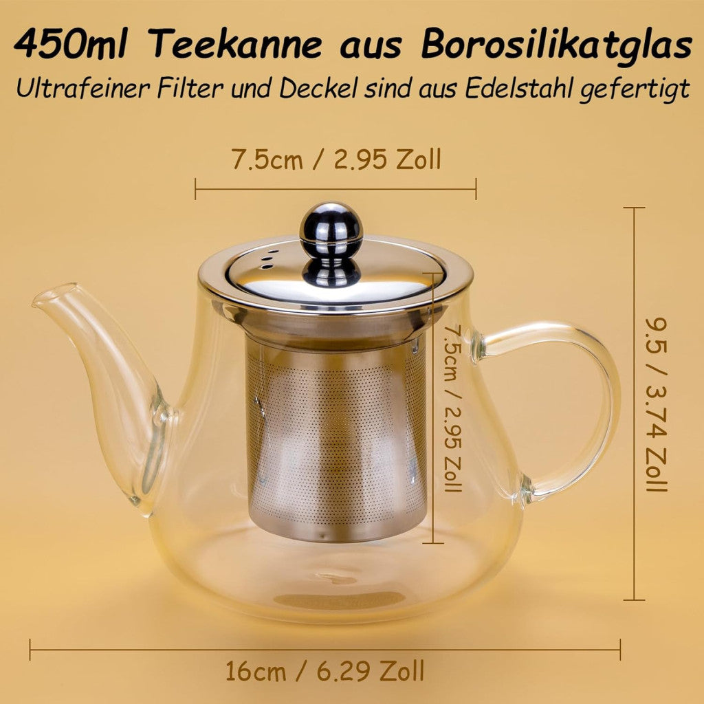 Honneeo üveg teáskanna 450 ml levehető rozsdamentes acél szűrővel