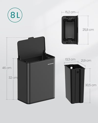 SONGMICS LTB810B01 konyhai szemetes, 8 L, acél, fedeles, ajtóra vagy falra