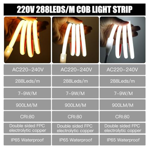 Wisada AC220-240V neon LED szalag öntapadós, 2m 288LED/m szuperfényes rugalmas FCOB