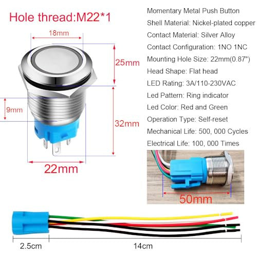 Gebildet 22mm nyomógomb kábelcsatlakozóval, 3A/110V-230 VAC, 1NO 1NC, SPDT, be/ki