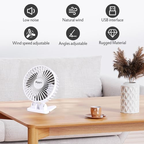 Bigqin USB asztali ventilátor mini, 3 sebesség, 90° állítható, fehér