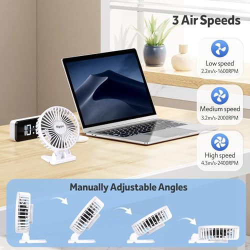 Bigqin USB asztali ventilátor mini, 3 sebesség, 90° állítható, fehér