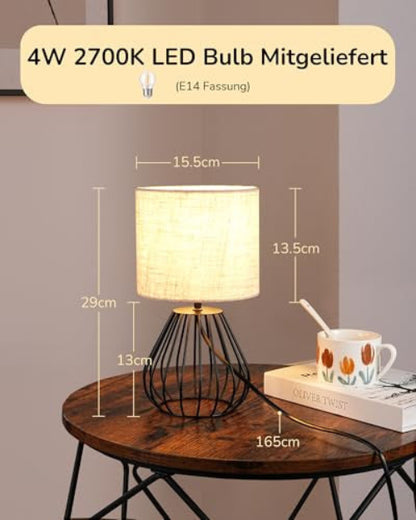 EDISHINE éjjeliszekrény lámpa bézs vászon ernyő, fekete fém talp, E14 LED izzó 2700K