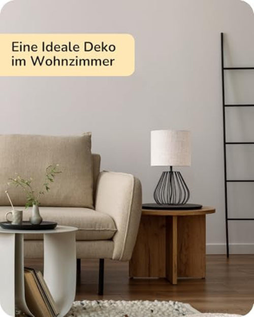 EDISHINE éjjeli lámpa bézs vászon ernyő, fekete fém talp, E14 LED izzó 2700K meleg