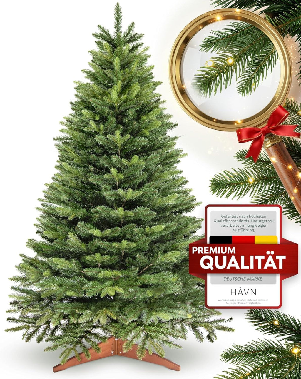 Premium műfenyő 180 cm Nordlys | élethű megjelenés, sűrű ágak, fa állvány és tároló
