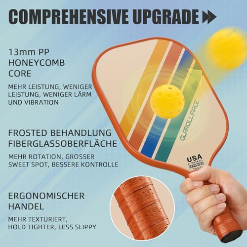 Pickleball ütőkészlet 2 darabos, üvegszálas felület, 13 mm PP méhsejt mag, 4 beltéri