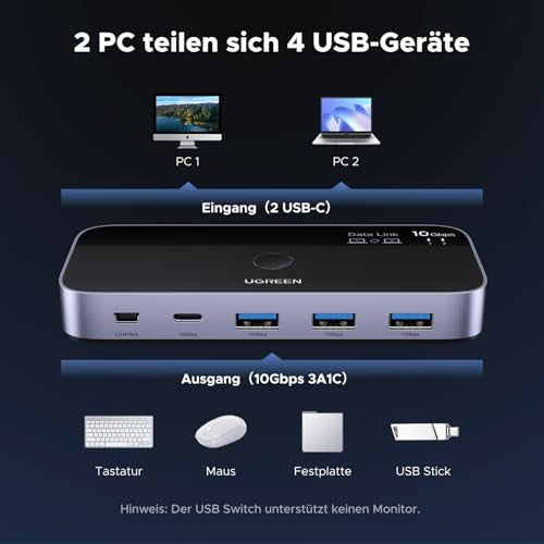 UGREEN 10Gbps USB kapcsoló, USB C kapcsoló 3X3.2 A és 1X3.2 C port adatkapcsolat, egy