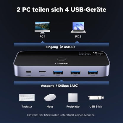 UGREEN 10Gbps USB kapcsoló, USB C kapcsoló 3X3.2 A és 1X3.2 C port adatkapcsolat, egy