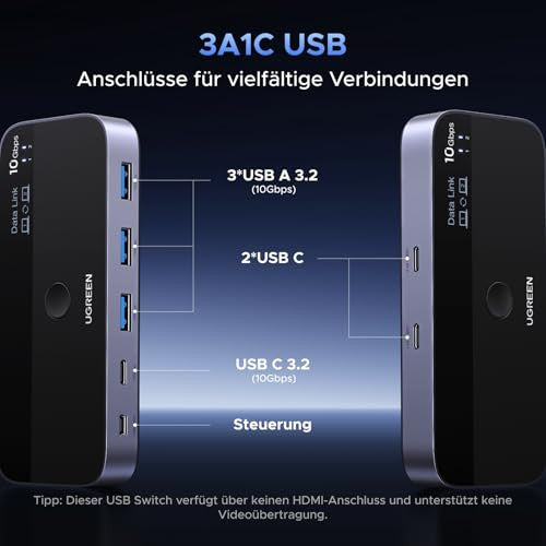 UGREEN 10Gbps USB kapcsoló, USB C kapcsoló 3X3.2 A és 1X3.2 C port adatkapcsolat, egy