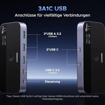 UGREEN 10Gbps USB kapcsoló, USB C kapcsoló 3X3.2 A és 1X3.2 C port adatkapcsolat, egy