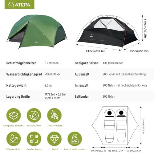 ATEPA ultrakönnyű sátor 2 személyes 1.9kg vízálló és szélvédett kemping, trekking