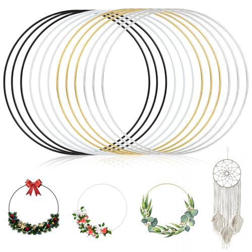 Qichan 12 darabos fémgyűrűk kézműveshez 20 cm, fehér, fekete, ezüst, arany