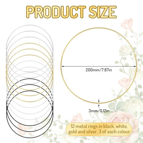 Qichan 12 darabos fémgyűrűk kézműveshez 20 cm, fehér, fekete, ezüst, arany